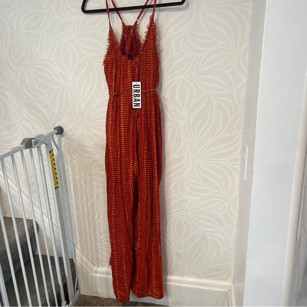 Urban Outfitters Nwt Kiara Red Orange Stripe Jumper Romper M Wide Leg # 34